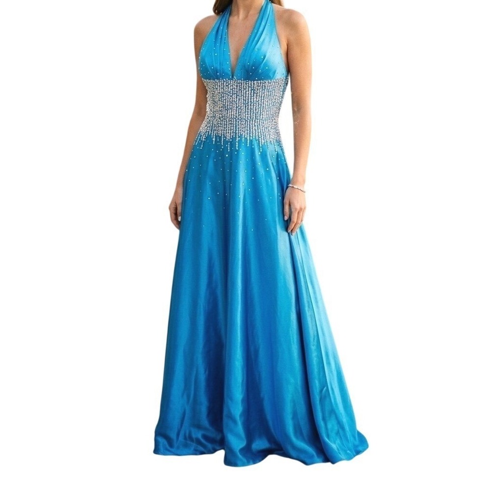 Mori Lee by‎ by Madeleine Gardner Blue Halter Formal Dress Gown Evening Size 5/6